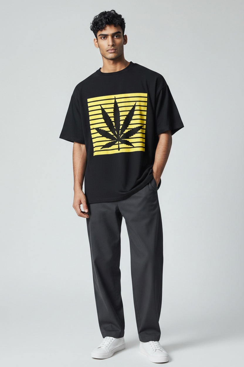 Playerytees Black T-Shirt with Golden Leaf Design